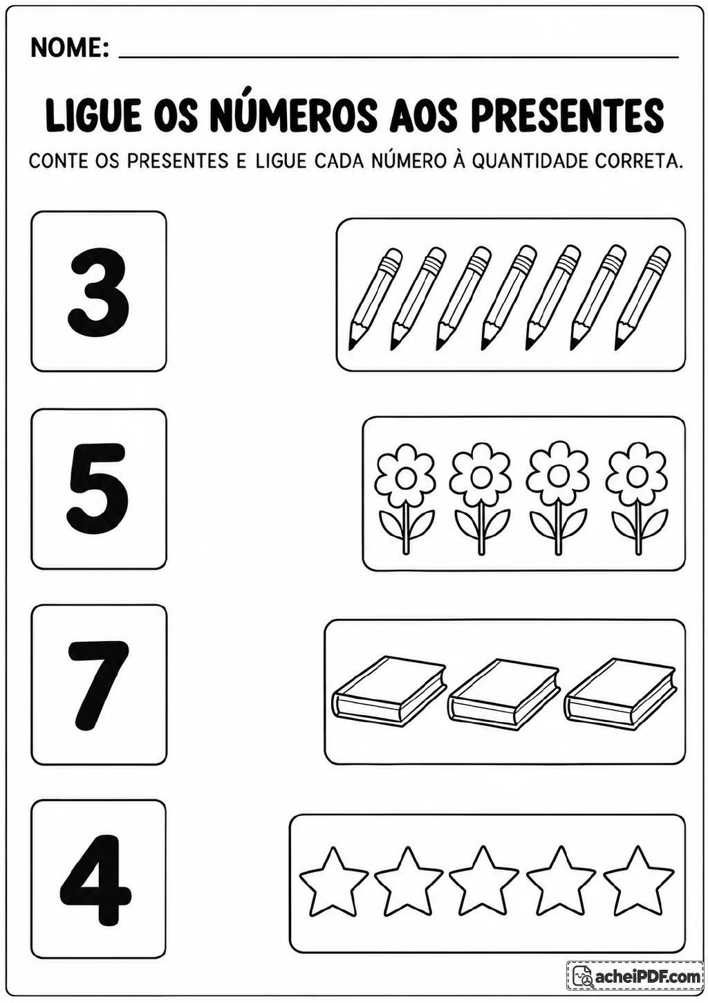 Numerais 3, 5, 7 e 4 à esquerda e grupos de três livros, quatro flores, cinco estrelas e sete lápis à direita para ligar.