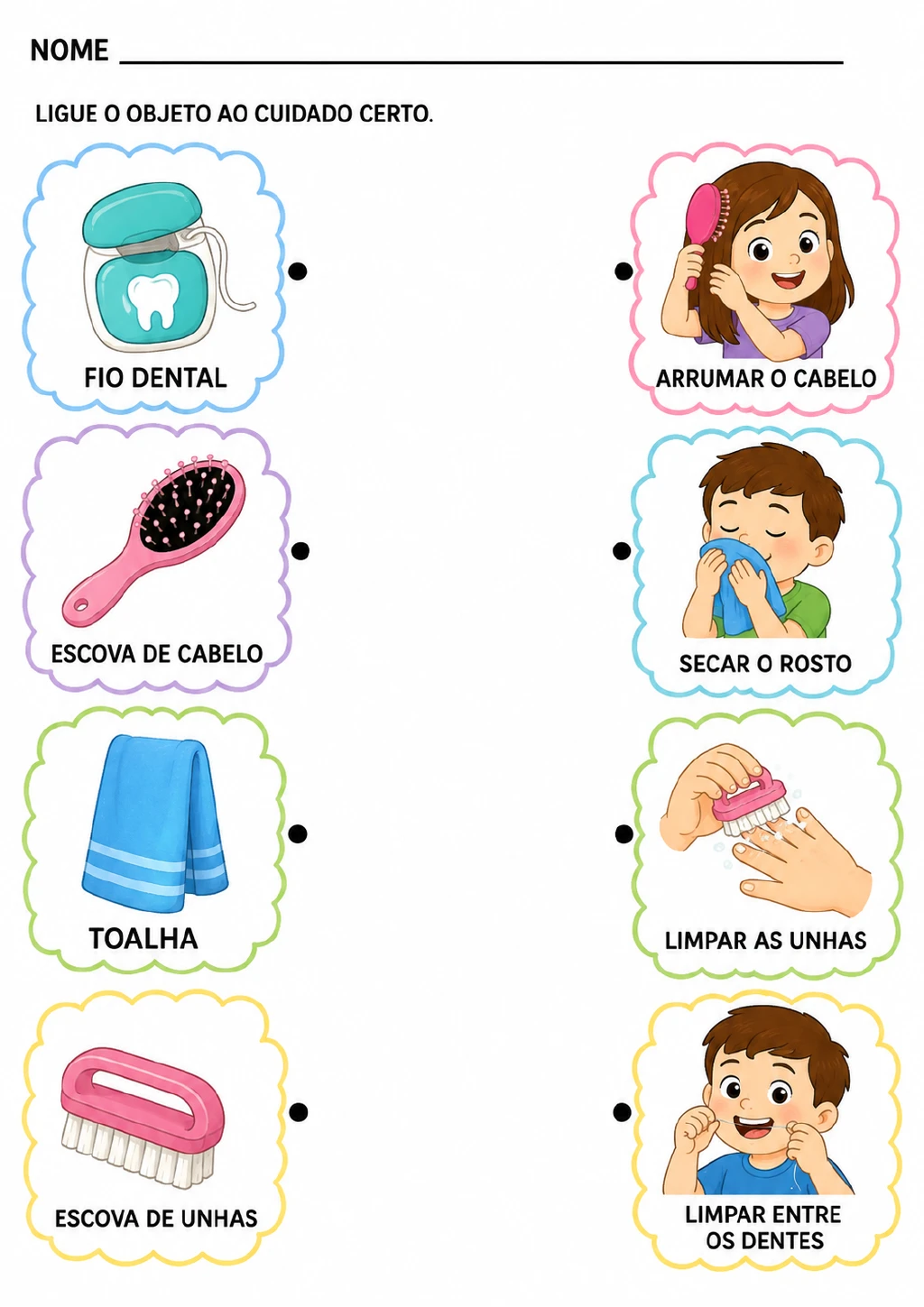 Duas colunas de cartões com molduras onduladas: fio dental, escova de cabelo, toalha e escova de unhas de um lado.