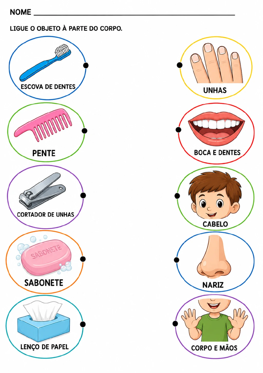 Duas colunas de cartões ovais coloridos para ligar escova de dentes, pente, cortador de unhas.