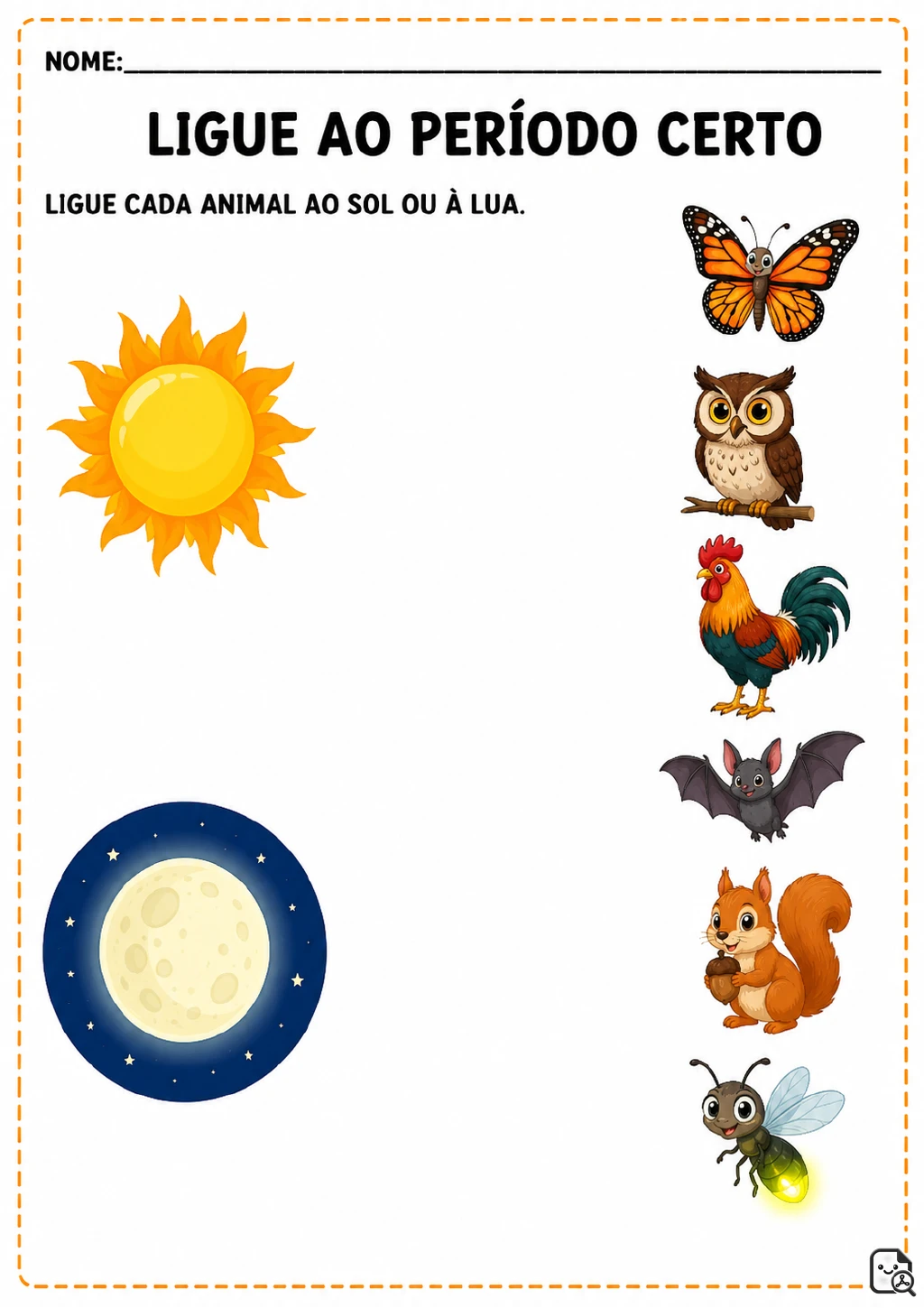 Sol e lua grandes à esquerda e, à direita, borboleta, coruja, galo, morcego, esquilo.