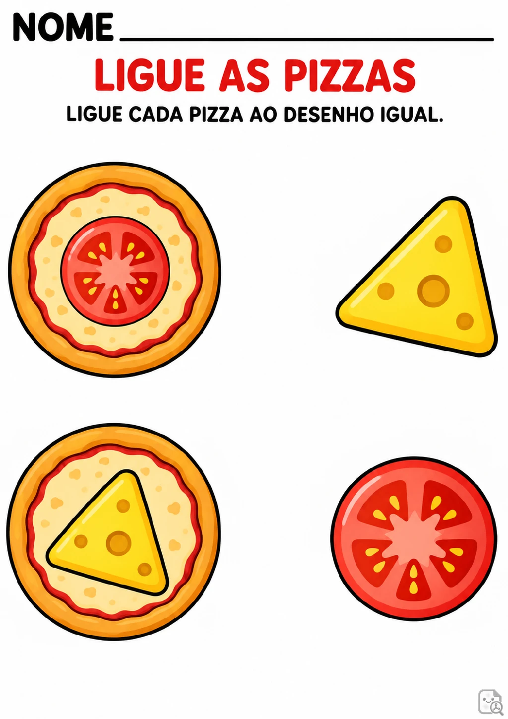 Duas pizzas, uma com tomate e outra com queijo, em uma coluna; ao lado, desenhos grandes de tomate.