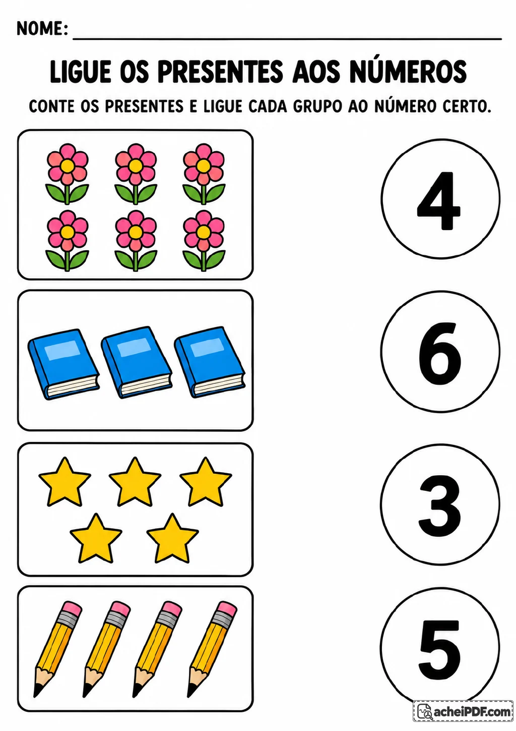 Quatro grupos de objetos para ligar aos numerais: seis flores, três livros, cinco estrelas e quatro lápis.