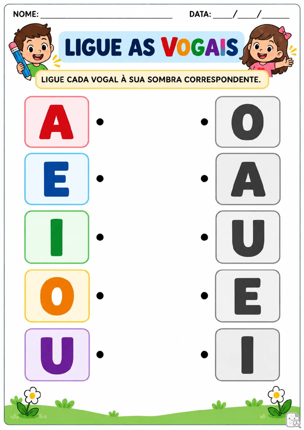 Cinco vogais coloridas — A, E, I, O e U — em uma coluna e cinco sombras pretas das mesmas letras em outra coluna.