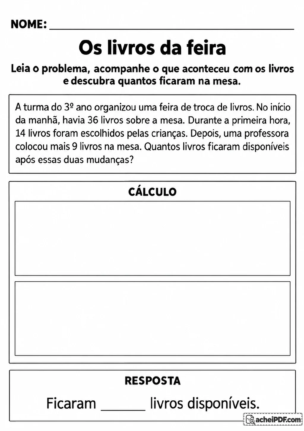 Enunciado sobre feira de troca de livros com os números 36, 14 e 9, dois quadros para cálculos e espaço para resposta.