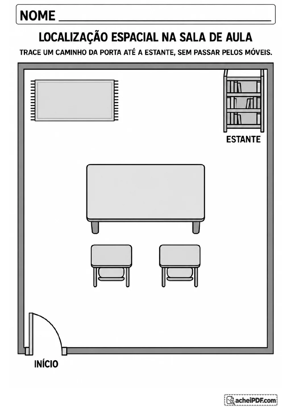 Planta esquemática de sala de aula com porta no canto inferior esquerdo, estante no canto superior direito, tapete.