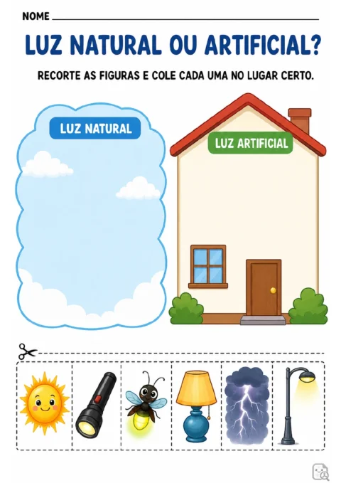 Áreas de luz natural e luz artificial em uma cena com céu e casa, com cartões recortáveis de Sol, lanterna, vaga-lume.