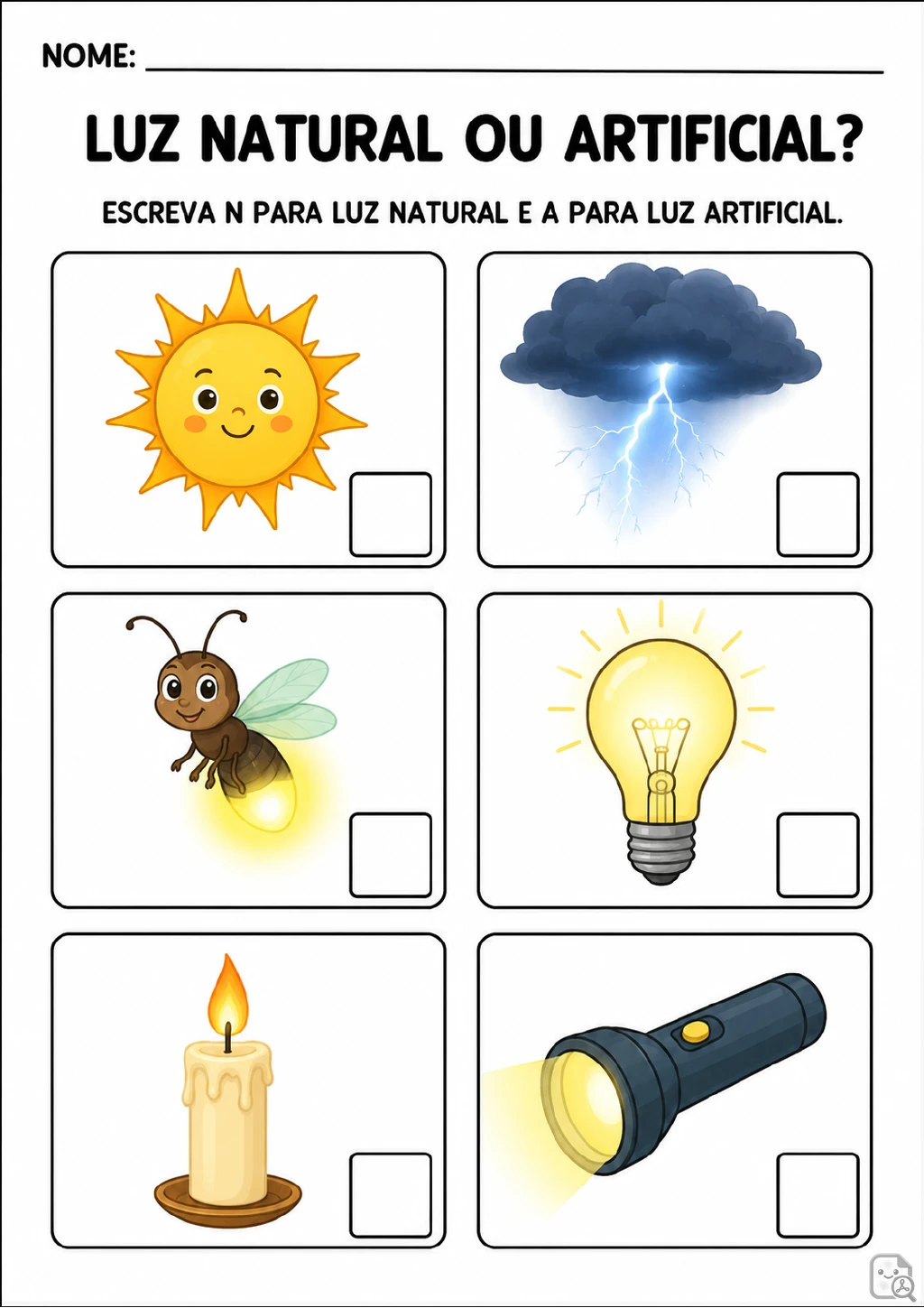 Seis cartões ilustrados mostram sol, raio, vaga-lume, lâmpada, vela e lanterna, cada um.