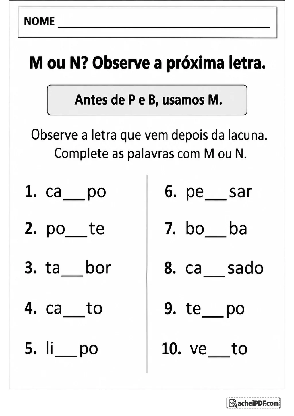 Quadro com a regra “Antes de P e B, usamos M” e dez palavras com lacunas distribuídas em duas colunas, incluindo ca__po.