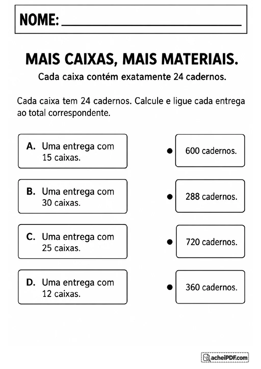 Quatro cartões de entregas mostram 15, 30, 25 e 12 caixas de cadernos, ao lado das opções de totais 600, 288.
