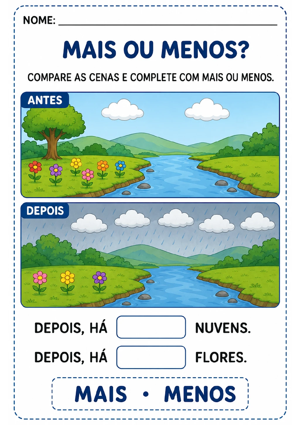 Duas paisagens identificadas como “Antes” e “Depois”, com 2 e 5 nuvens, 6 e 3 flores e campos para completar.