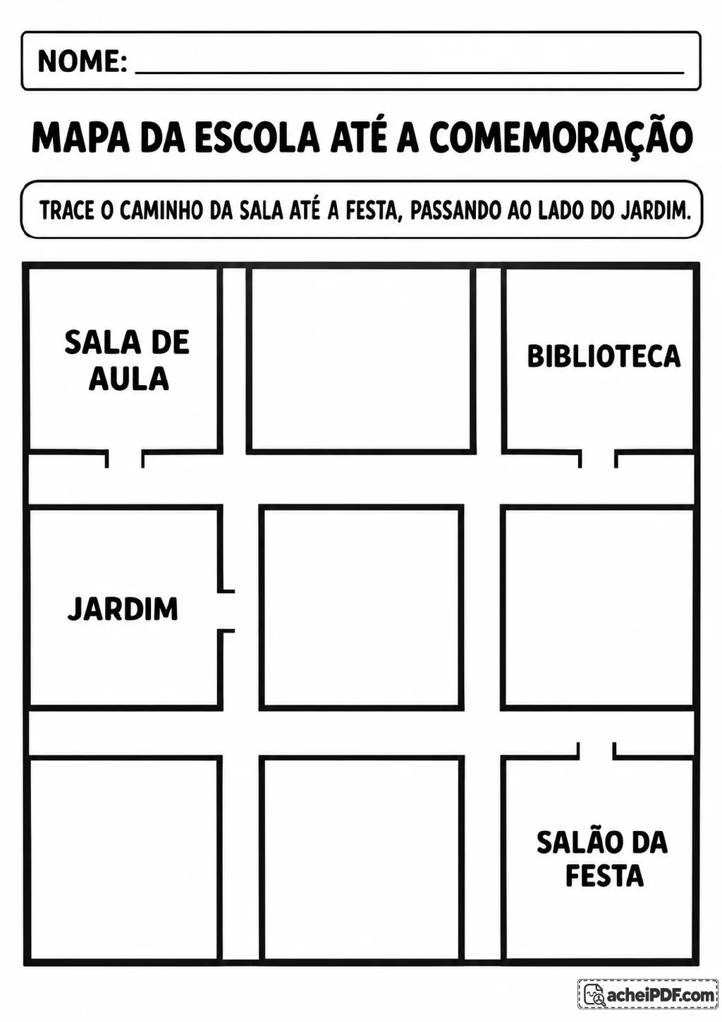 Mapa esquemático em preto e branco com sala de aula, biblioteca, jardim, salão da festa e corredores largos.