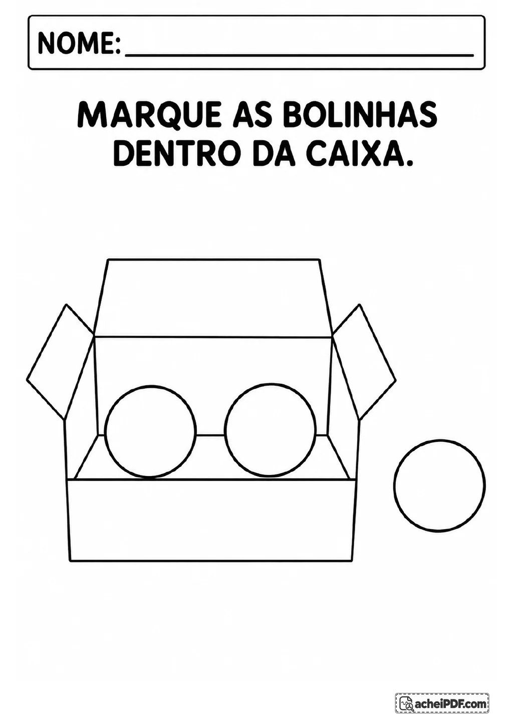 Desenho em preto e branco de uma caixa aberta com duas bolinhas dentro e uma bolinha fora.