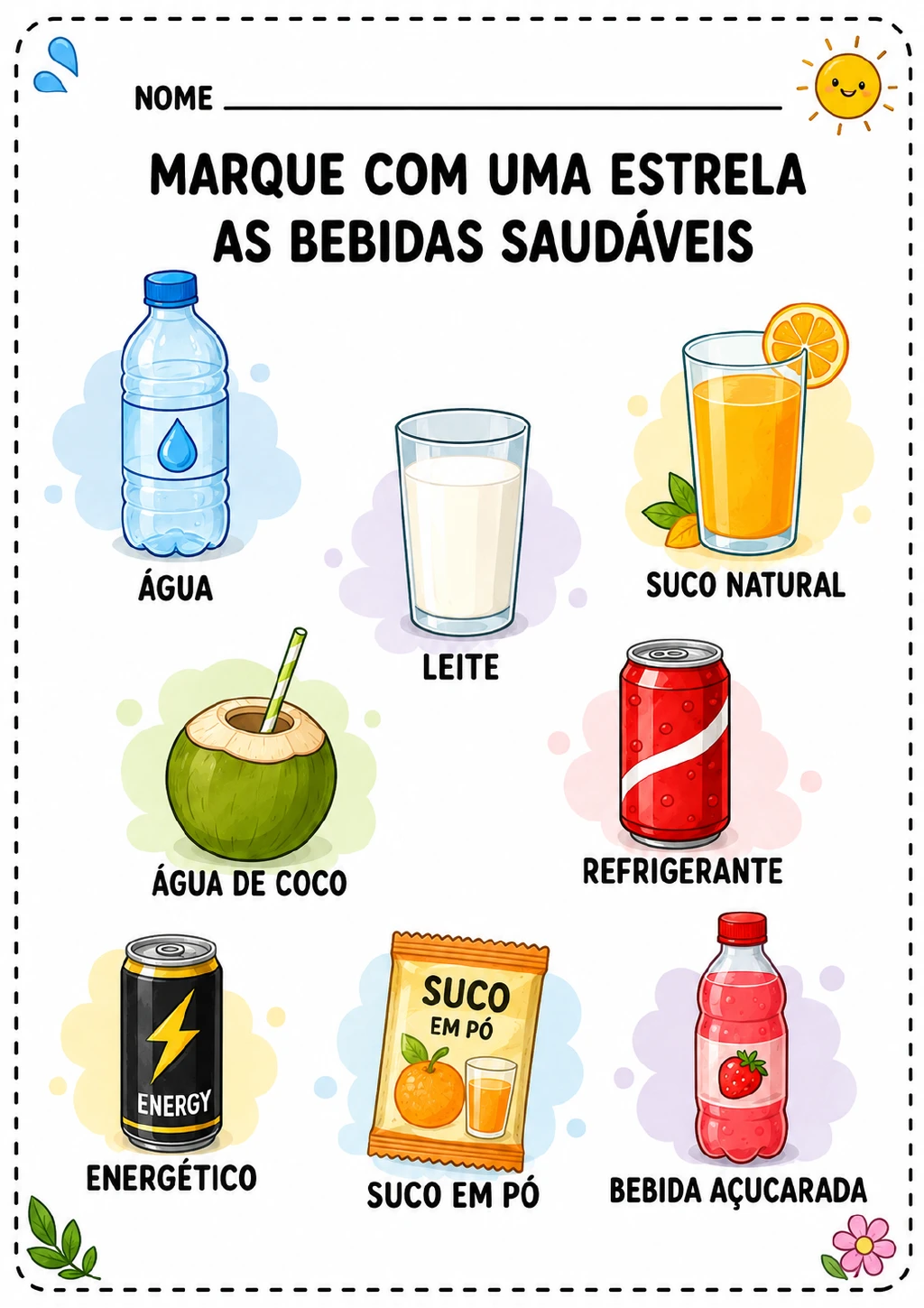 Oito bebidas ilustradas e identificadas: água, leite, suco natural, água de coco, refrigerante, energético.