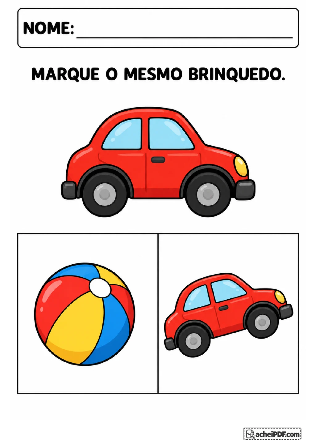 Um carro vermelho grande como modelo e duas alternativas em quadros: uma bola colorida e um carro vermelho.
