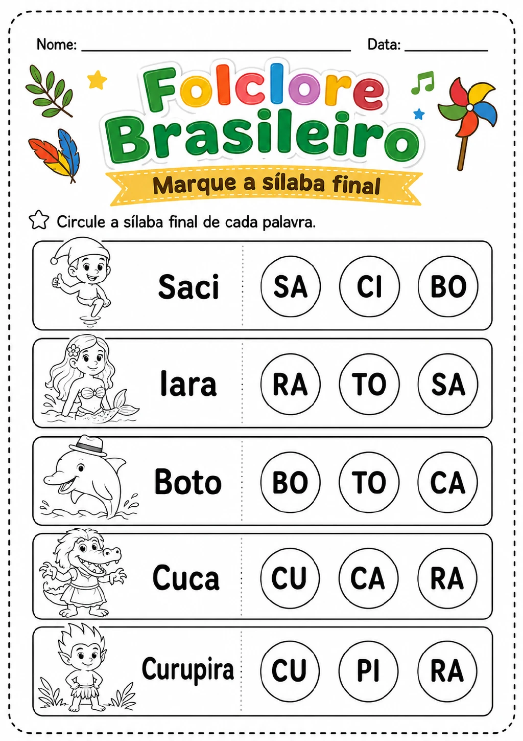 Nomes de Saci, Iara, Boto, Cuca e Curupira com três opções de sílabas em círculos para marcar a sílaba final.