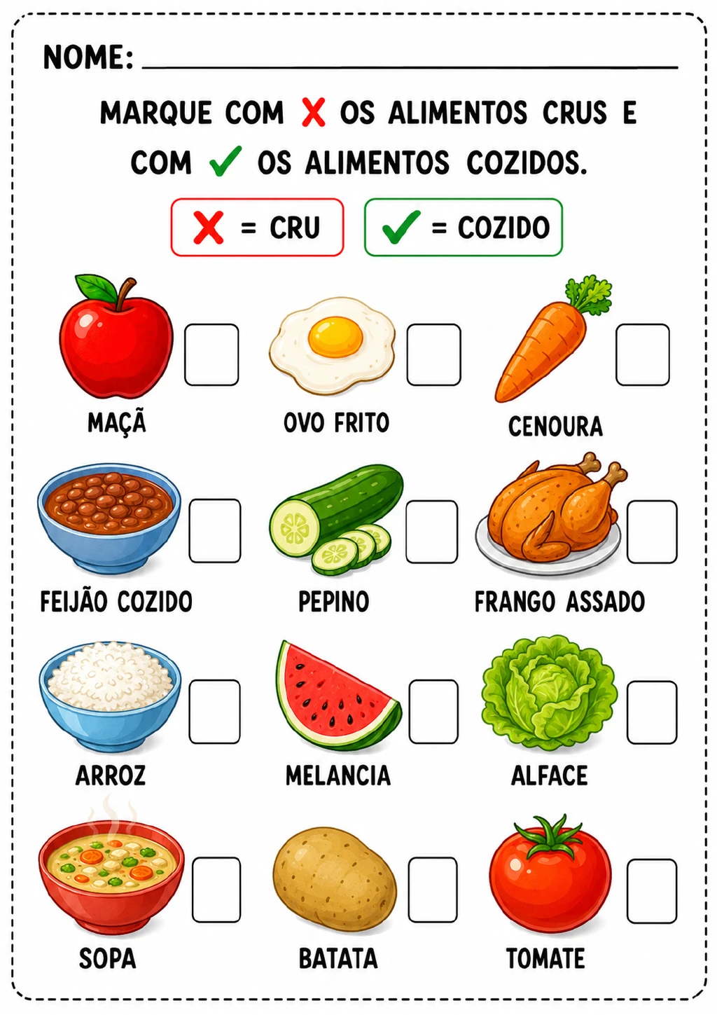 Grade com 12 ilustrações de alimentos e quadrinhos de marcação, incluindo maçã, ovo frito, cenoura, feijão cozido, pepino.