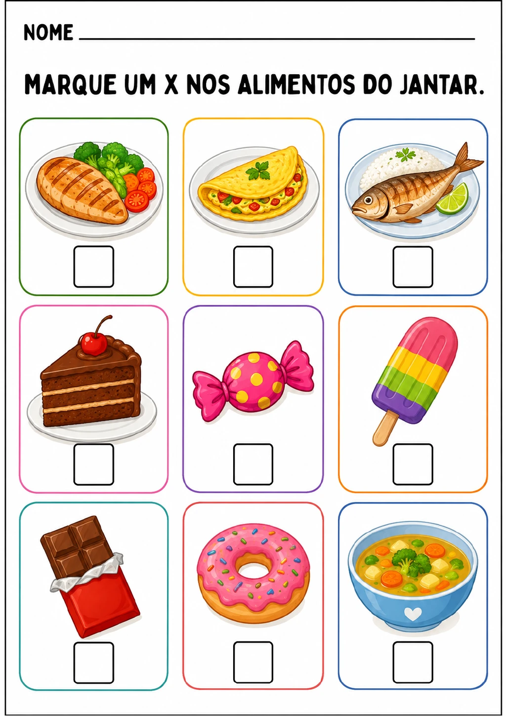 Nove cartões com caixas de marcação mostram frango, omelete, peixe com arroz, sopa, bolo, bala, picolé.