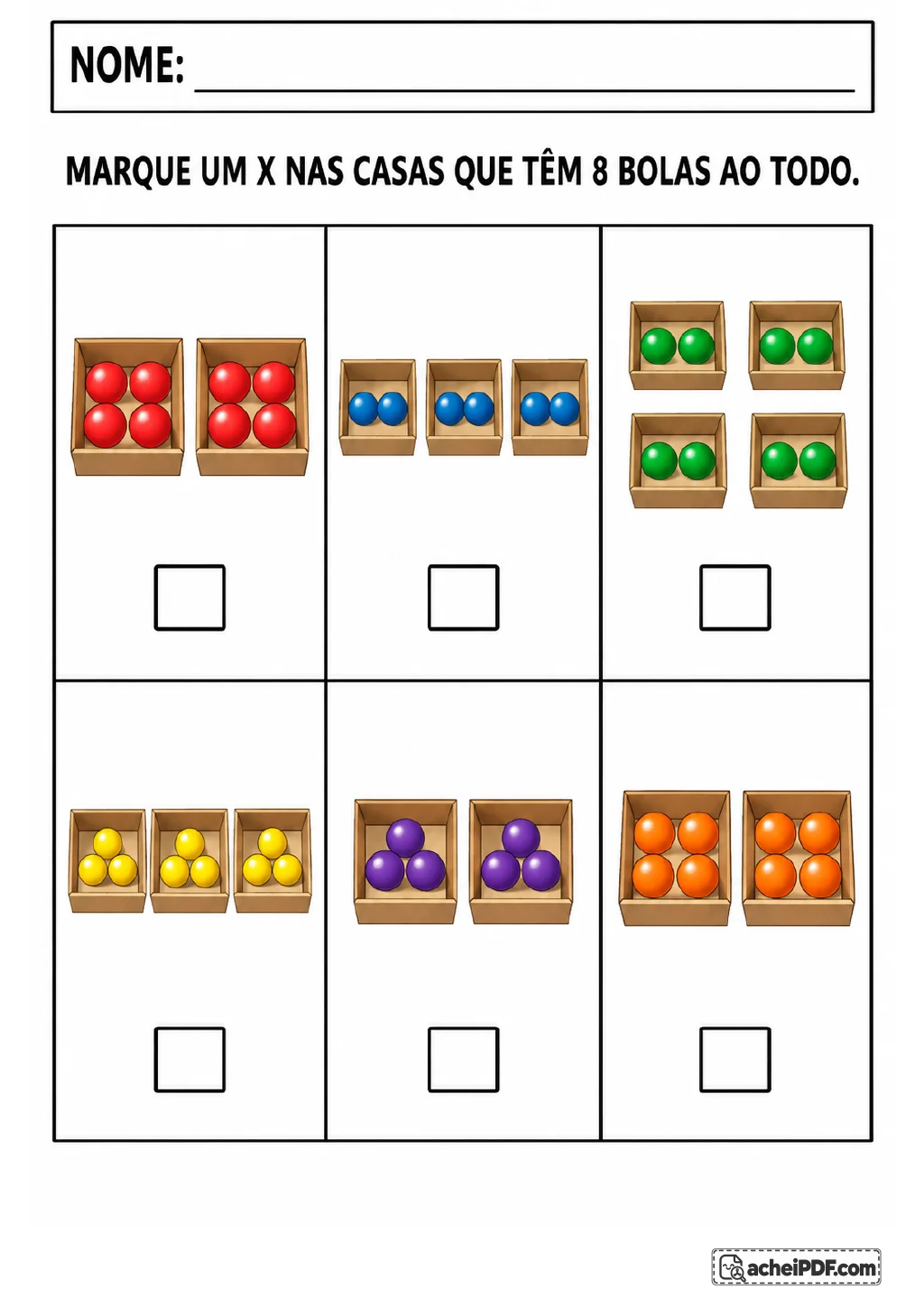 Grade com seis casas, cada uma contendo uma caixa de bolas coloridas e um espaço para marcar X nos conjuntos com oito bolas.