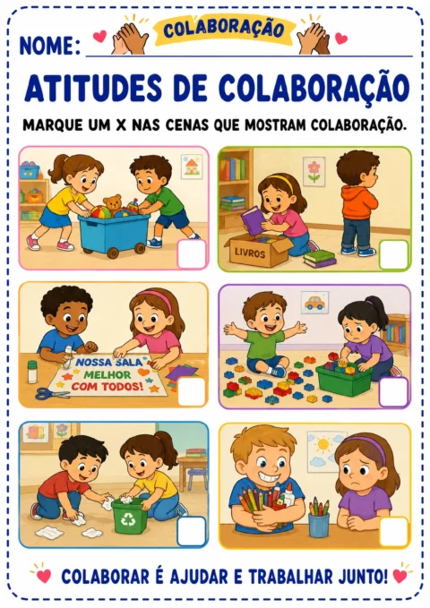 Seis cenas coloridas de crianças com caixas de marcação, incluindo brinquedos, livros, cartaz, blocos de montar.