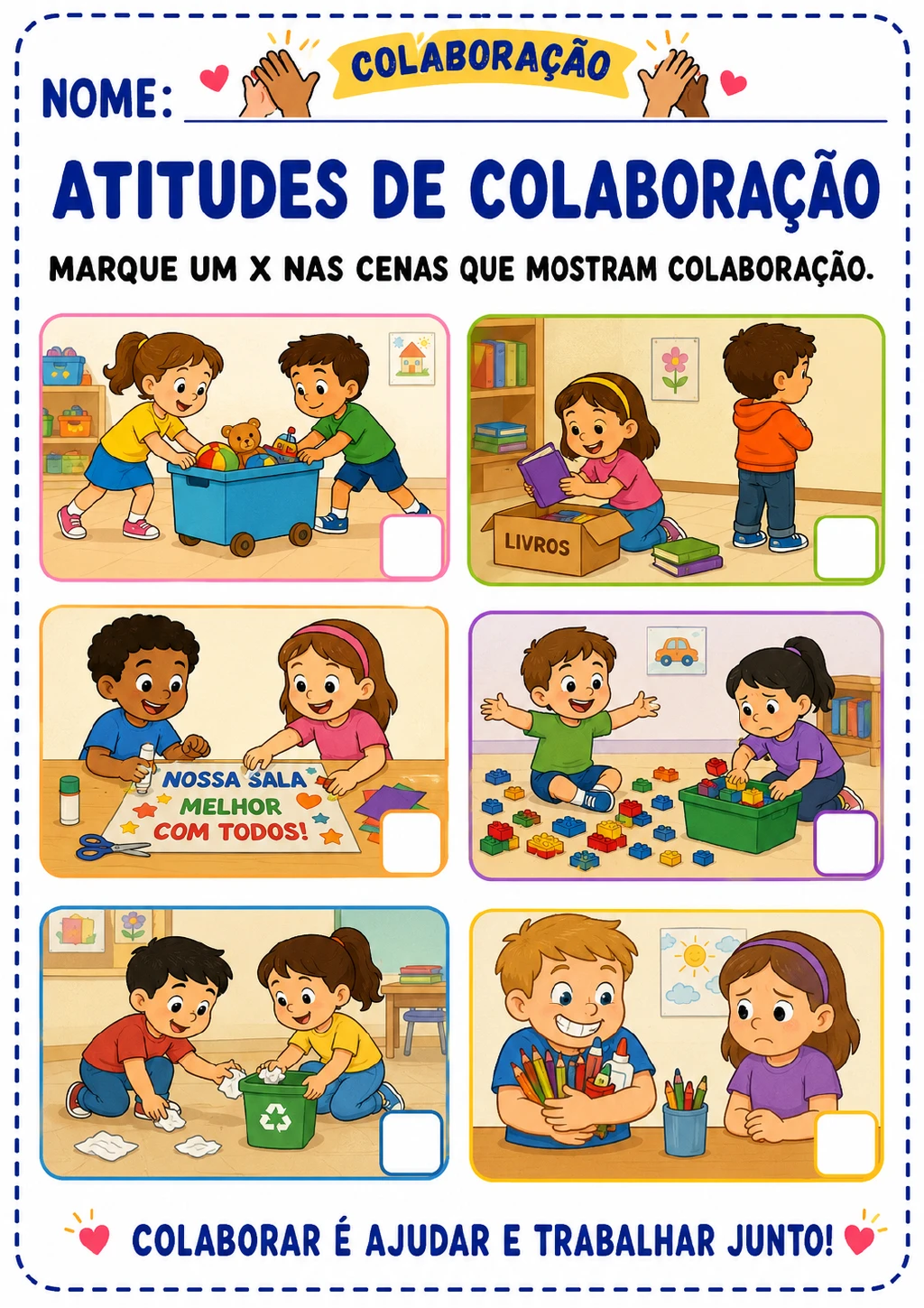 Seis cenas coloridas de crianças com caixas de marcação, incluindo brinquedos, livros, cartaz, blocos de montar.