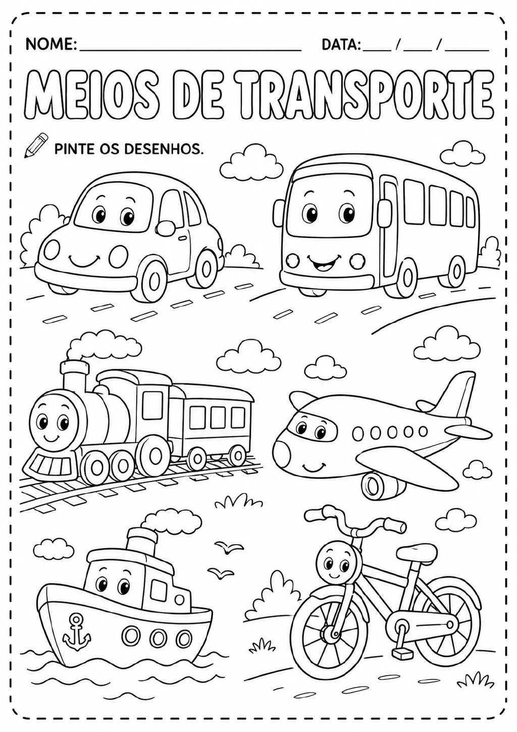 Seis desenhos para colorir: carro, ônibus, trem, avião, barco e bicicleta.