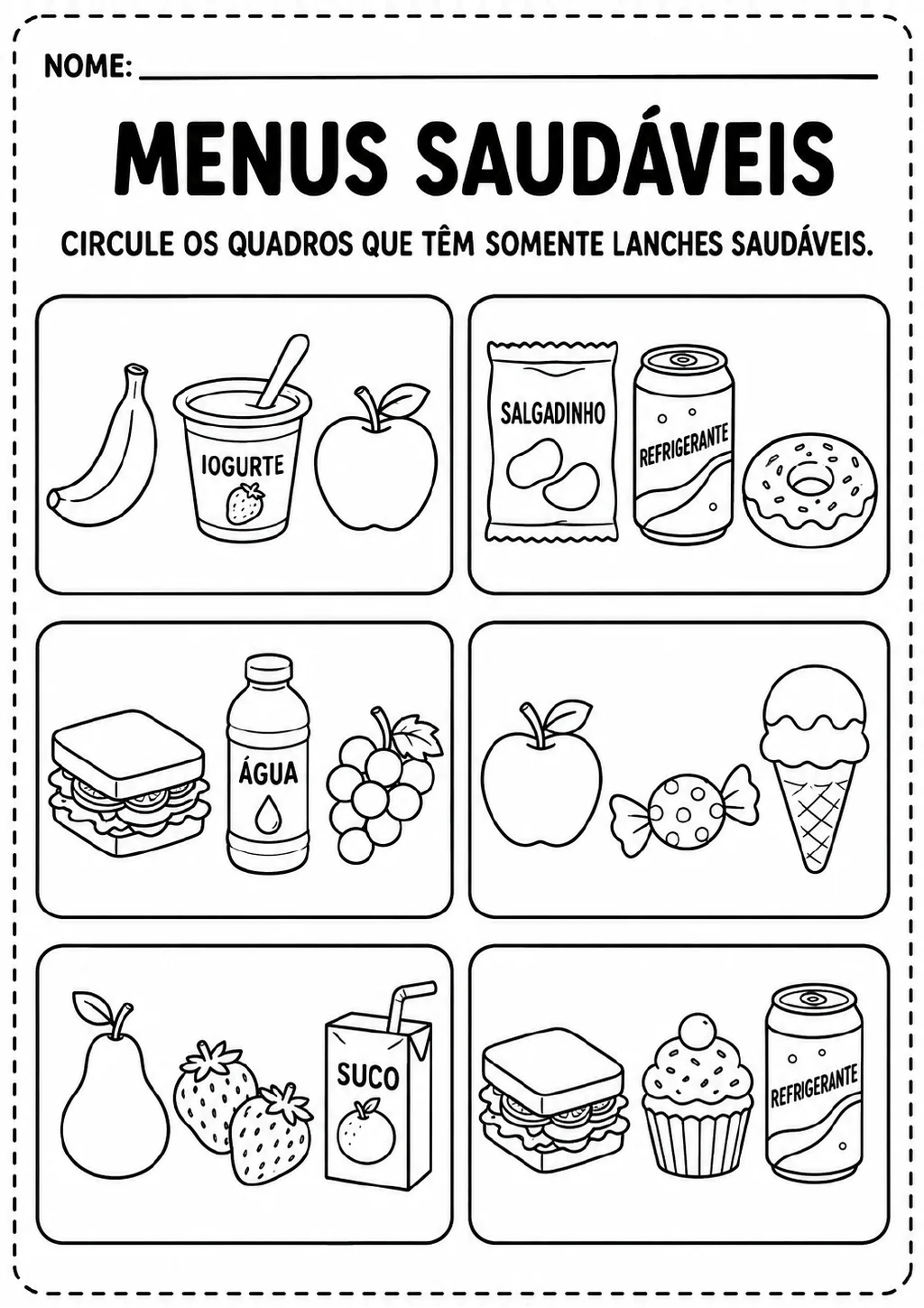 Seis quadros de cardápios com três alimentos ou bebidas ilustrados em cada um, incluindo banana, iogurte, maçã, salgadinho.