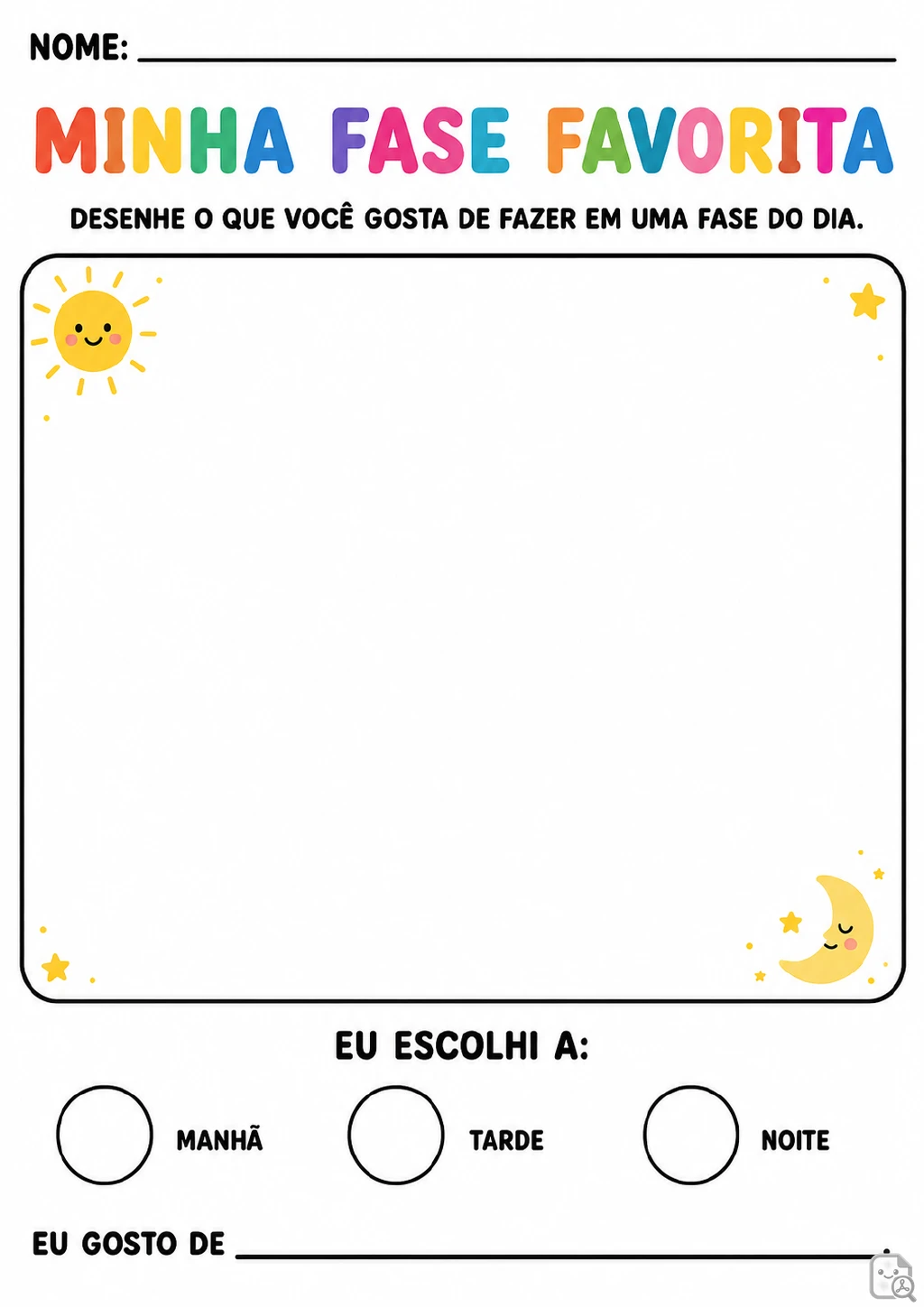 Grande espaço em branco para desenho, decorado com sol, lua e estrelas, com opções de manhã.