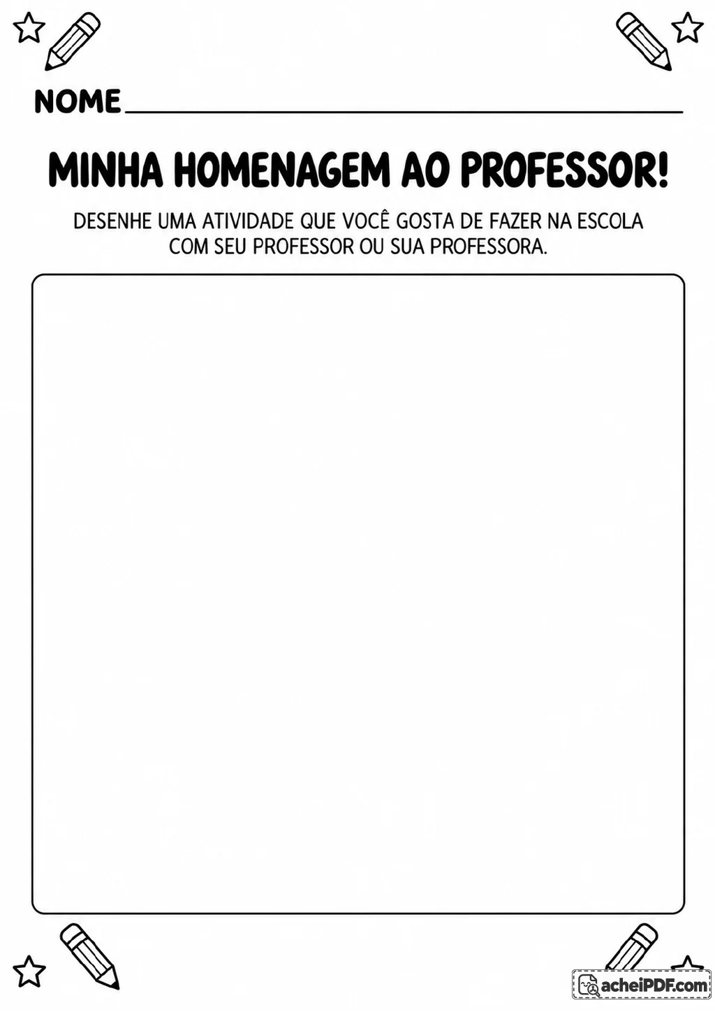 Página em preto e branco com grande espaço em branco para desenho, campo para nome e moldura decorada com lápis e estrelas.
