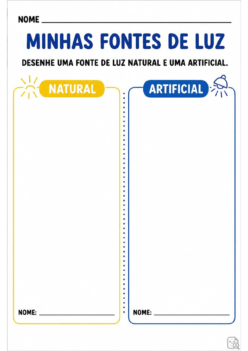 Dois quadros identificados como Natural e Artificial, com espaço para desenho e linha para escrever o nome de cada fonte.