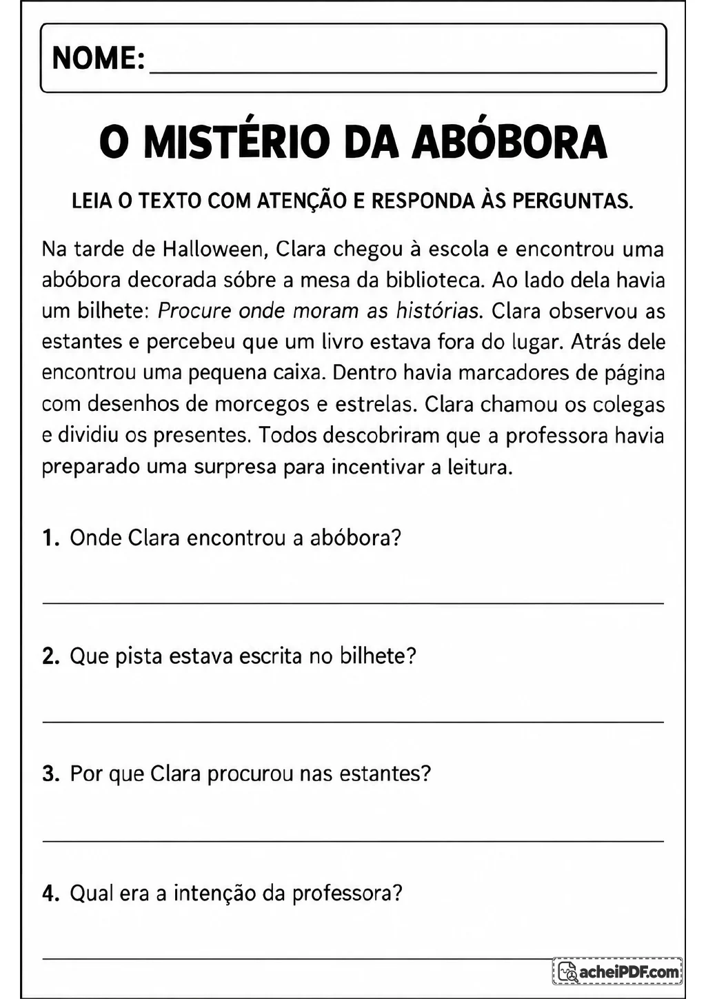 Texto sobre Clara, uma abóbora decorada e um bilhete na biblioteca, seguido de quatro perguntas com linhas para resposta.