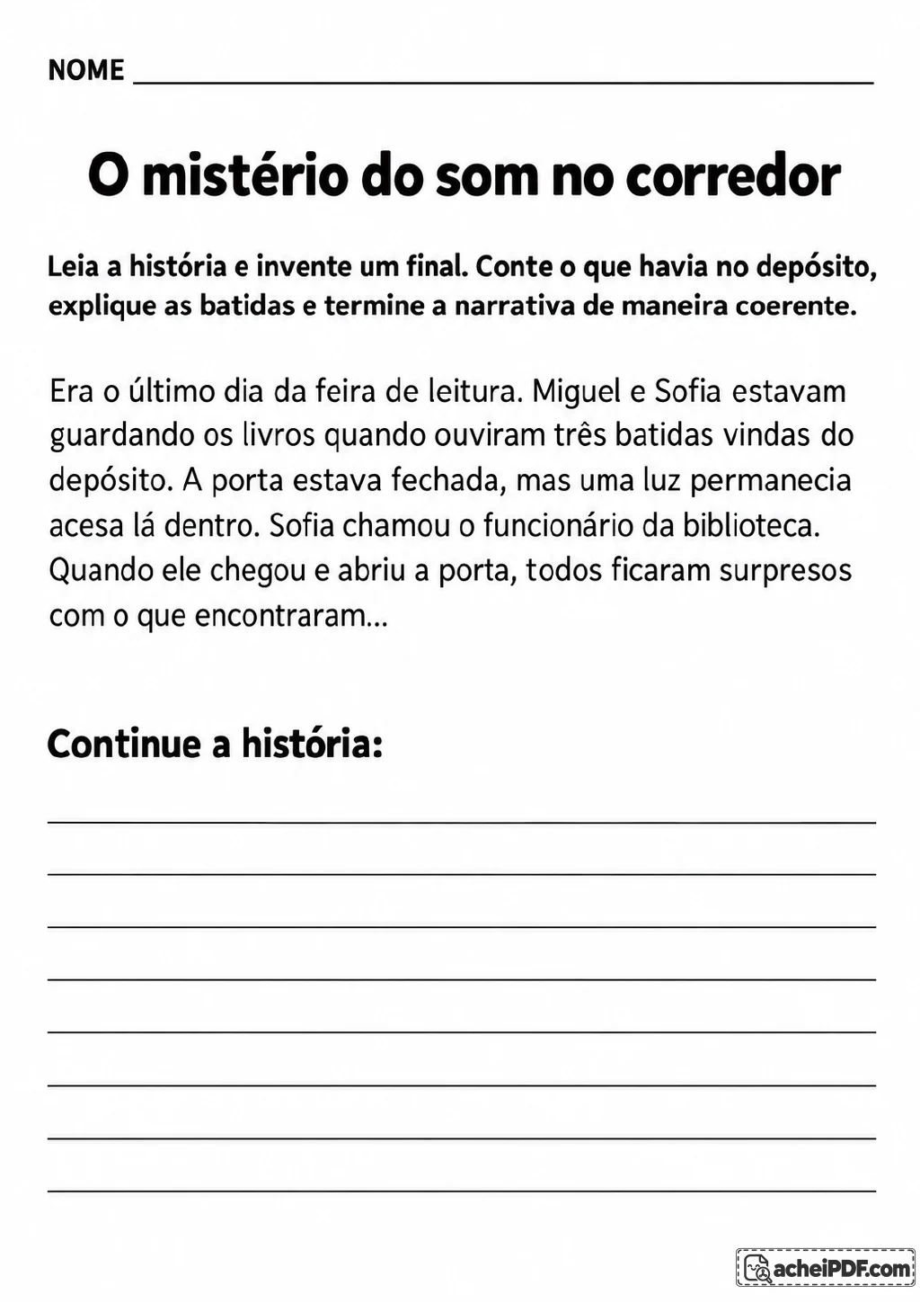 Texto narrativo sobre Miquel e Sofia guardando livros perto de um depósito fechado, com uma luz acesa atrás da porta.