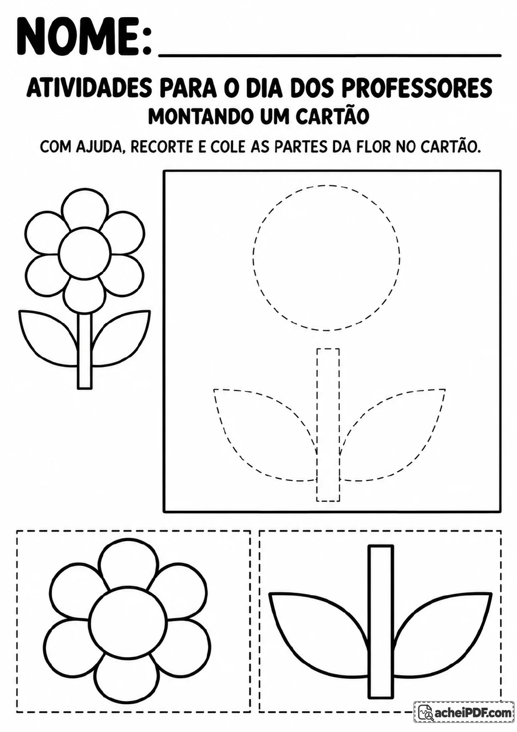 Modelo de flor completa ao lado de um cartão com contornos para flor e caule; abaixo.