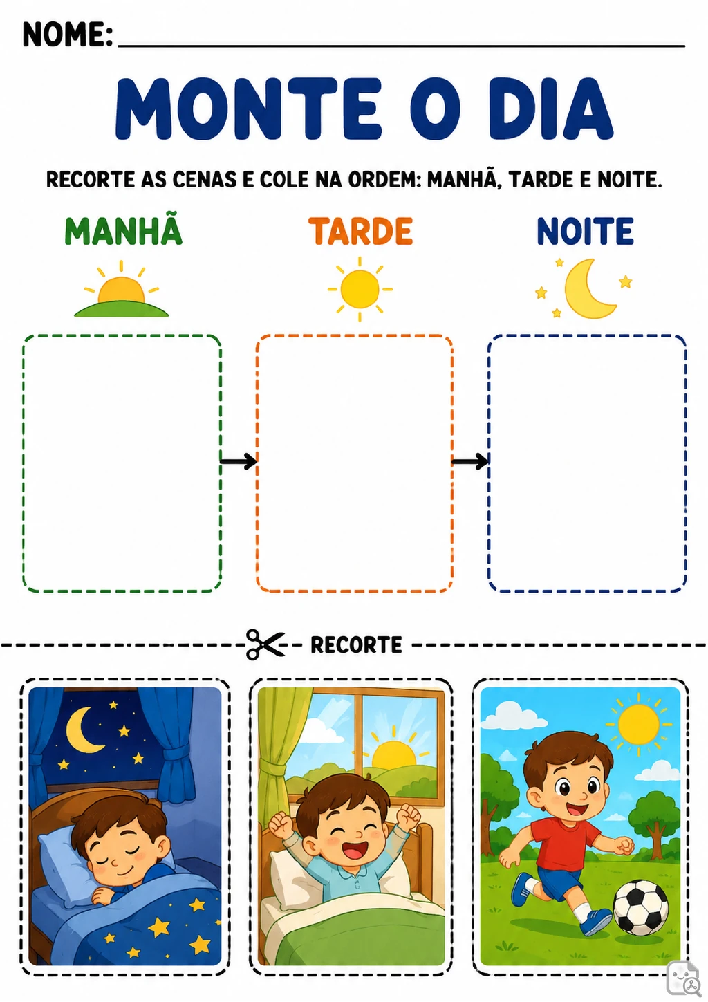 Três quadros identificados como manhã, tarde e noite recebem cartões para recortar.