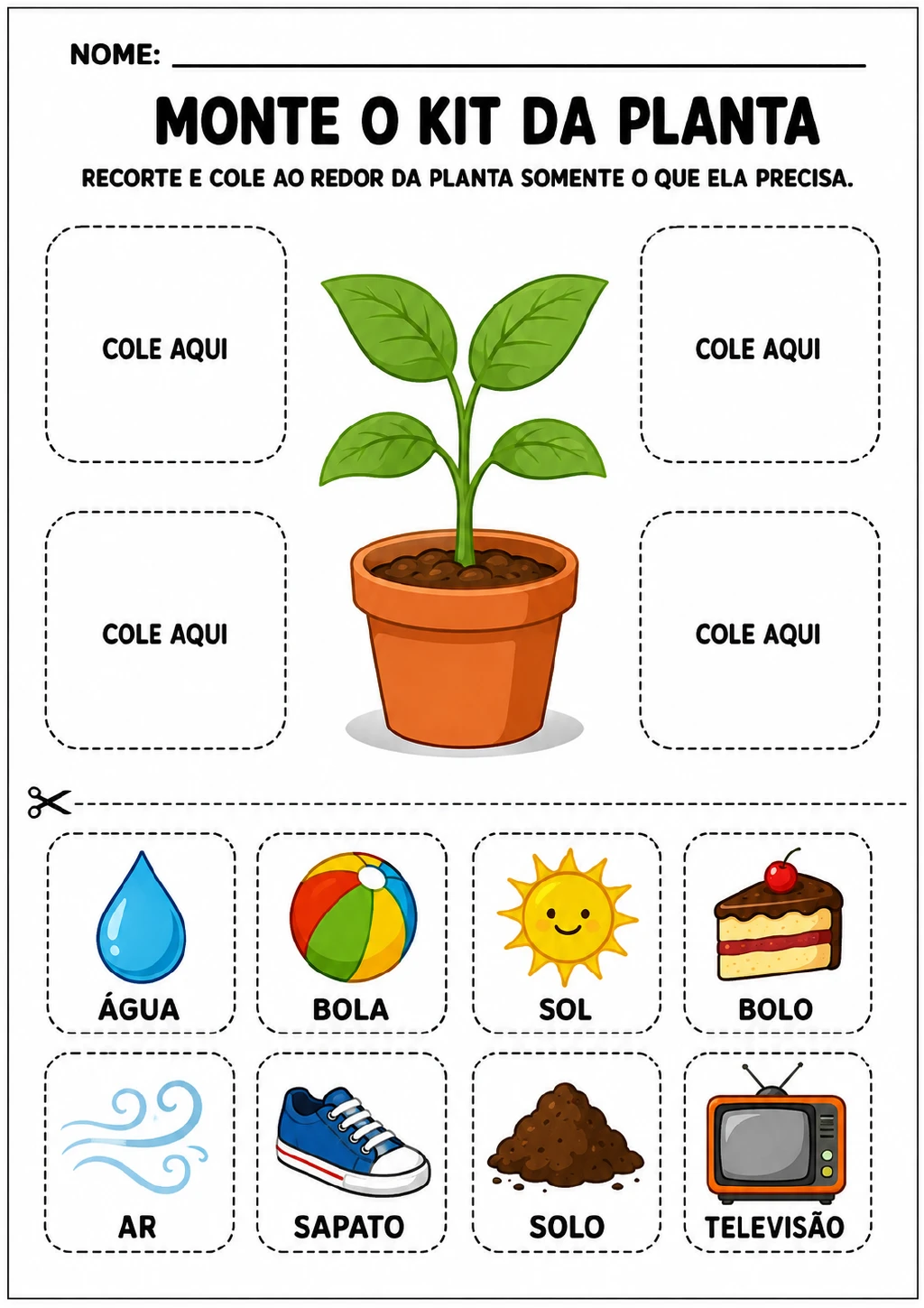 Planta em vaso cercada por quatro espaços tracejados para colagem. Os cartões recortáveis mostram água, bola, sol, bolo.