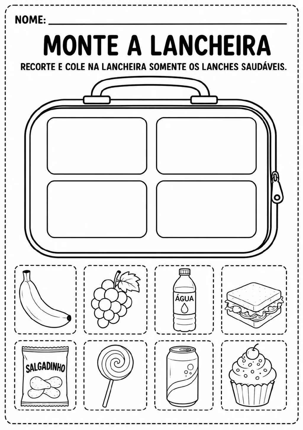Lancheira com quatro compartimentos vazios e oito figuras recortáveis: banana, uvas, água, sanduíche, salgadinho, pirulito.