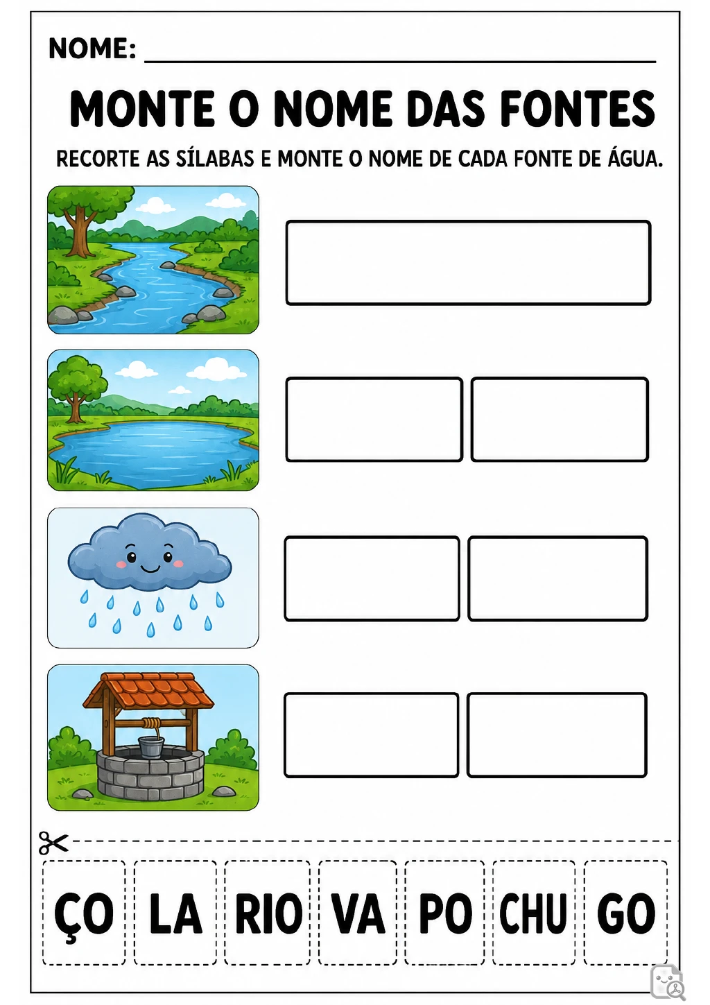 Ilustrações de rio, lago, chuva e poço aparecem acima de espaços para formar palavras com as sílabas destacáveis ÇO, LA.