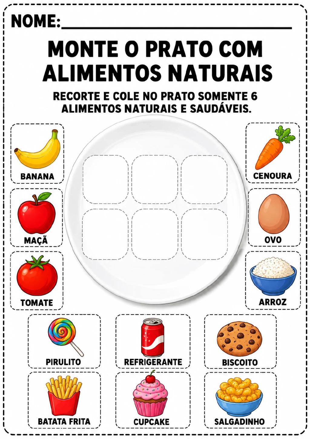 Prato branco com seis espaços tracejados para colagem e doze cartões, incluindo banana, maçã, tomate, cenoura, ovo, arroz.