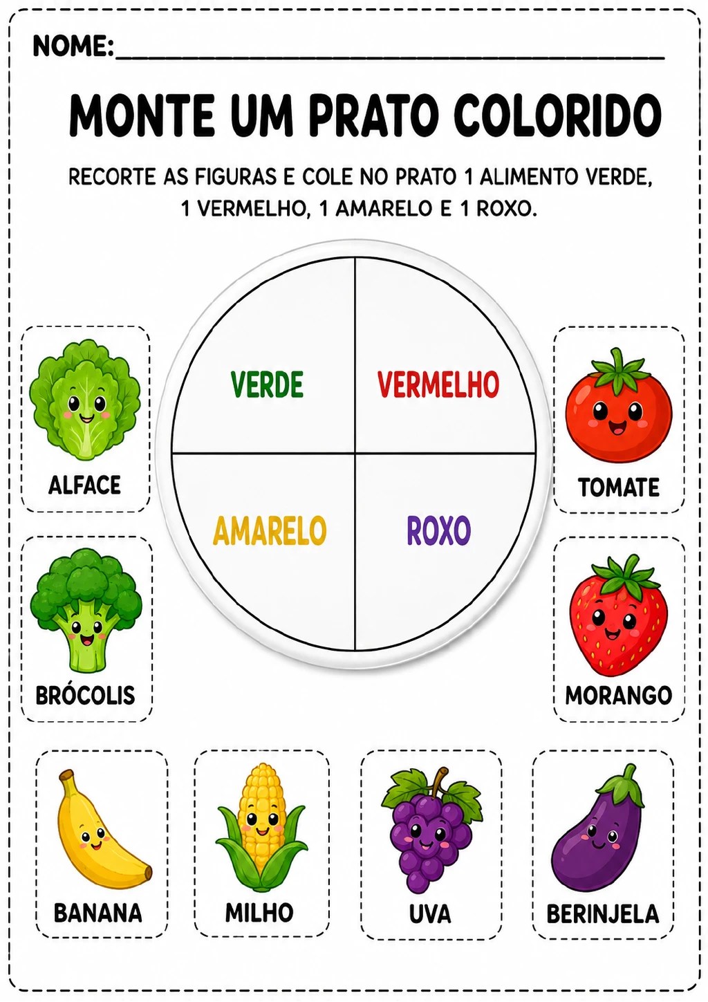 Prato dividido em quatro quadrantes coloridos, identificados como verde, vermelho, amarelo e roxo.