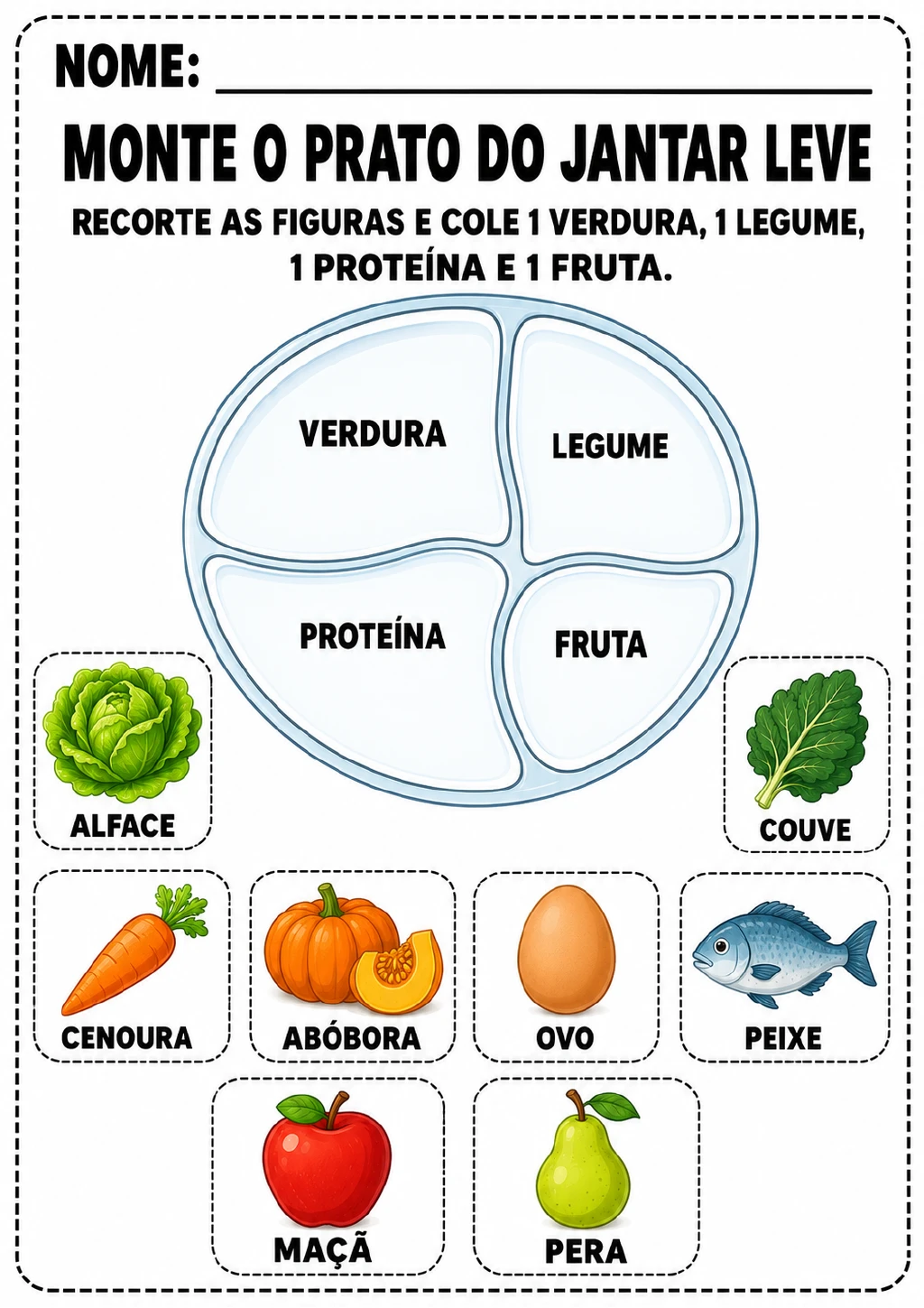 Prato do jantar leve dividido em verdura, legume, proteína e fruta, com cartões tracejados de alface, couve, cenoura.