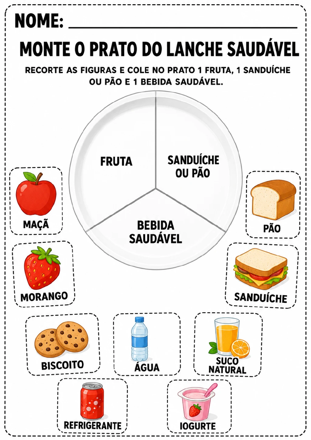 Prato de lanche saudável dividido em três setores — fruta, sanduíche ou pão e bebida saudável —.