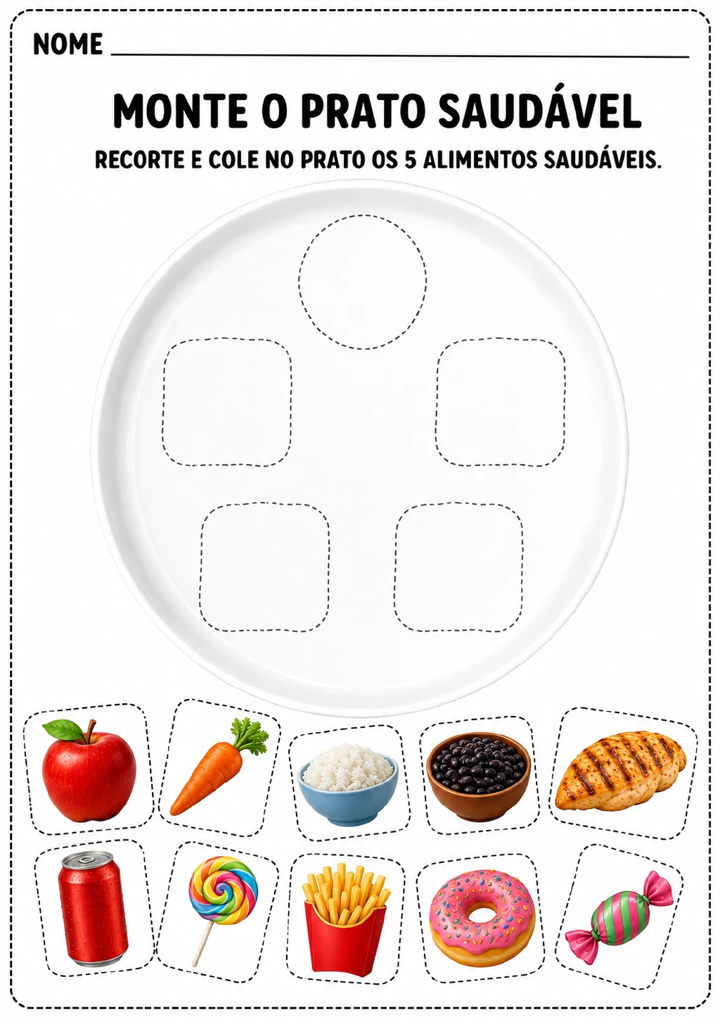 Prato grande com cinco espaços tracejados para colagem e dez cartões de alimentos, entre eles maçã, cenoura, arroz, feijão.
