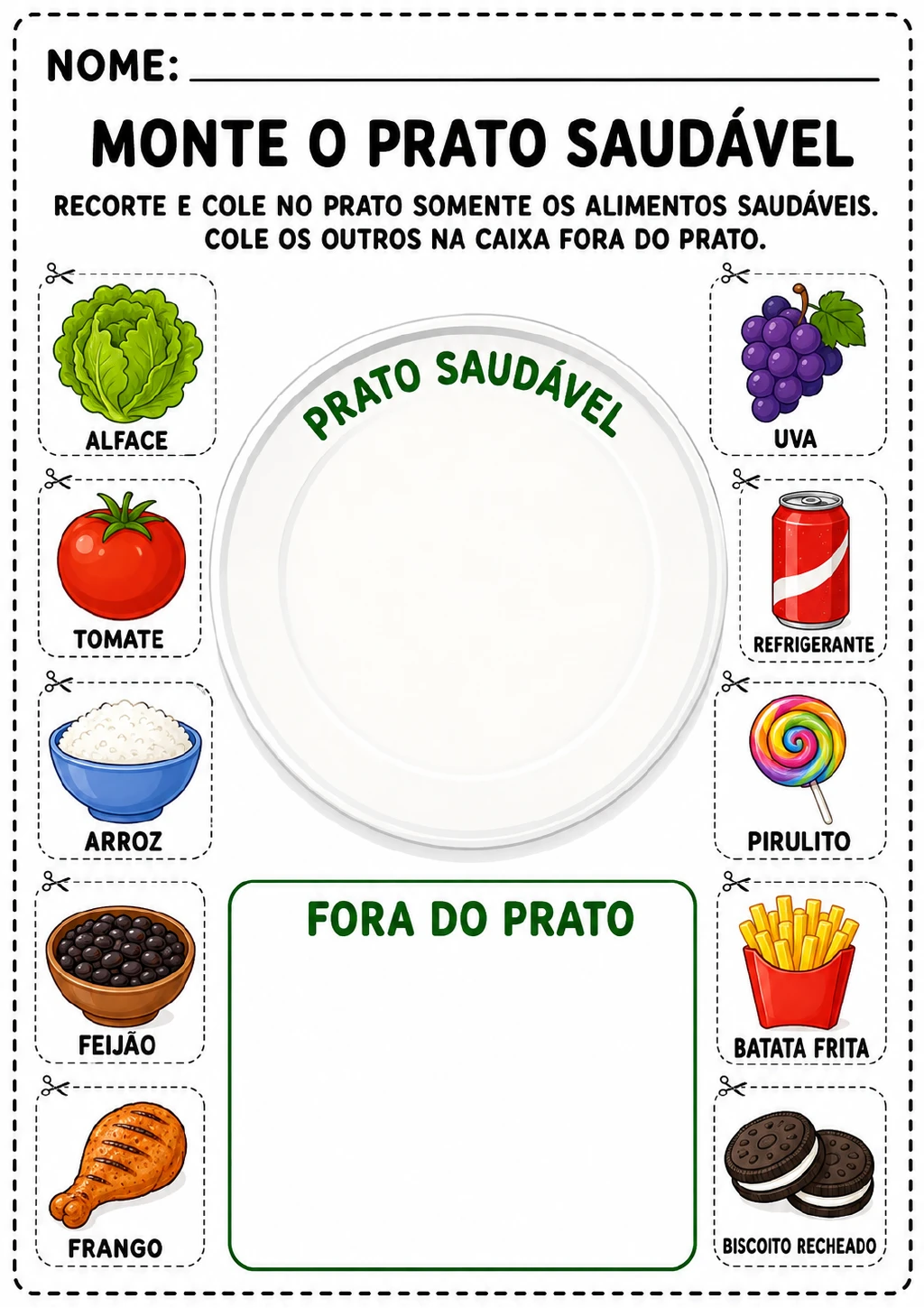 Prato central com o texto “Prato saudável” e caixa inferior “Fora do prato”, acompanhados de cartões tracejados com alface.