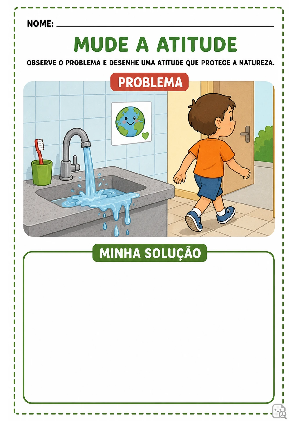 Torneira aberta sobre uma pia com água transbordando, menino saindo do ambiente e escova de dentes. Ao lado.