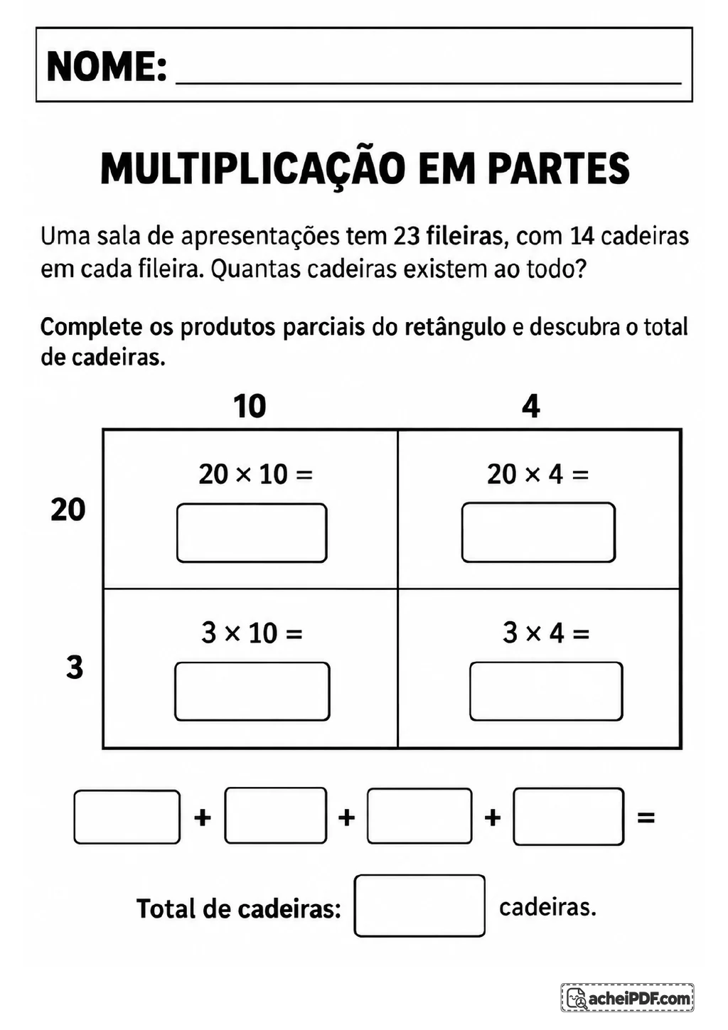 Grade de multiplicação para 23 fileiras de 14 cadeiras, com 23 dividido em 20 e 3 e 14 dividido em 10 e 4.