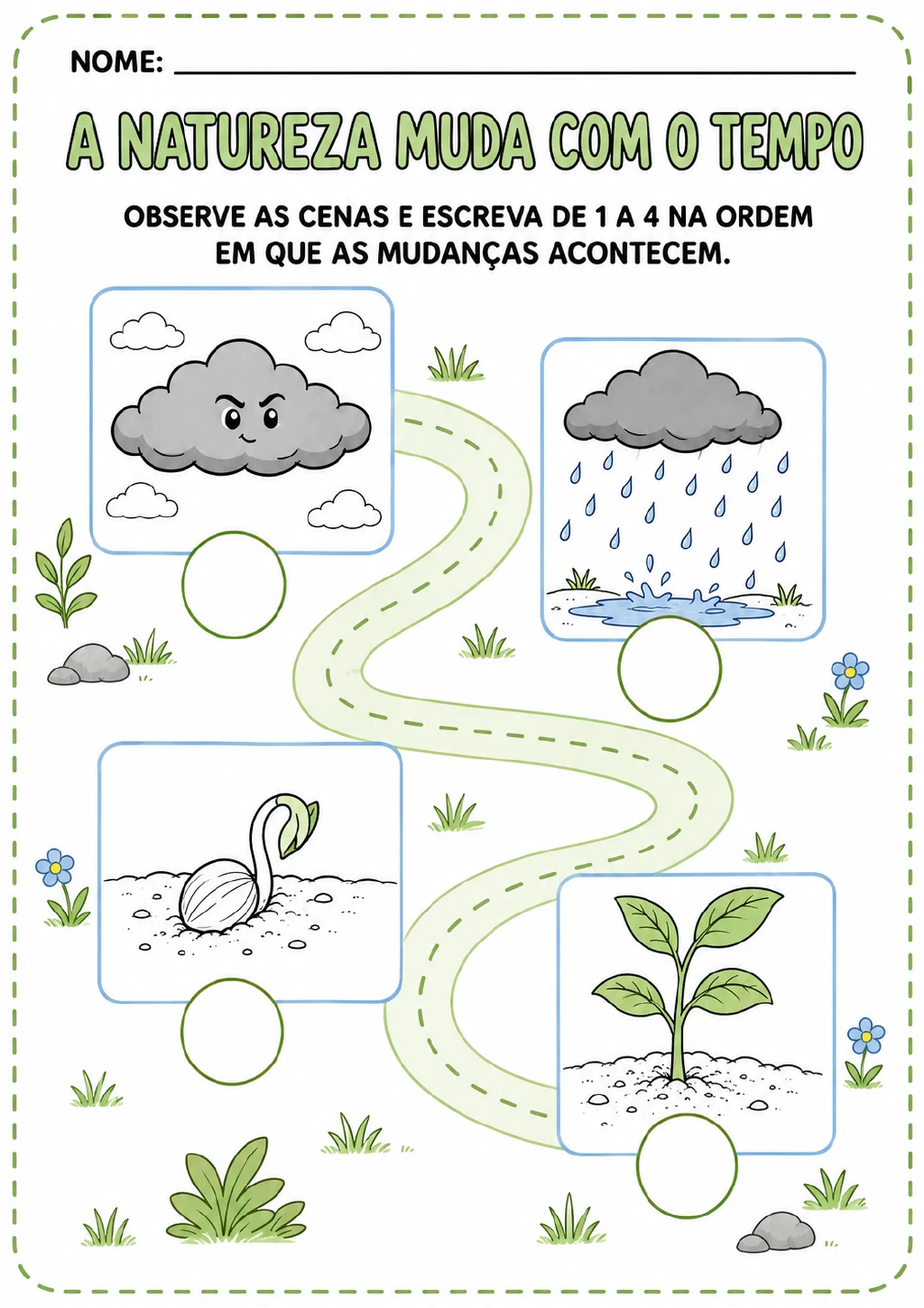 Quatro cenas para ordenar mostram nuvem, chuva, semente germinando e planta crescida.