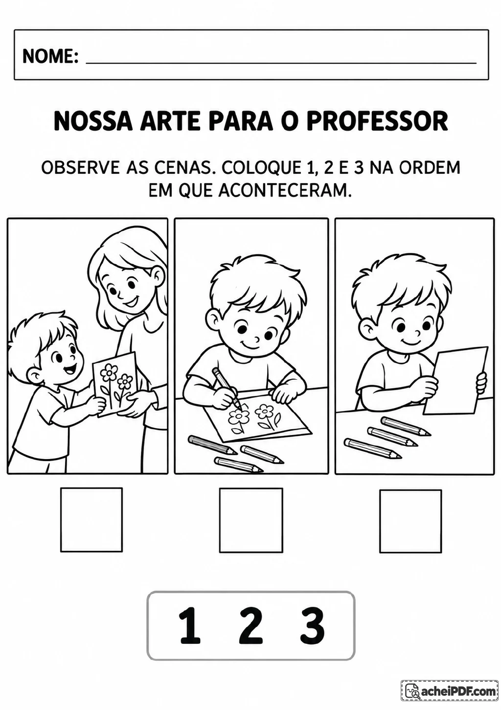 Três quadros mostram uma criança desenhando flores, observando o desenho e entregando o trabalho a uma professora.