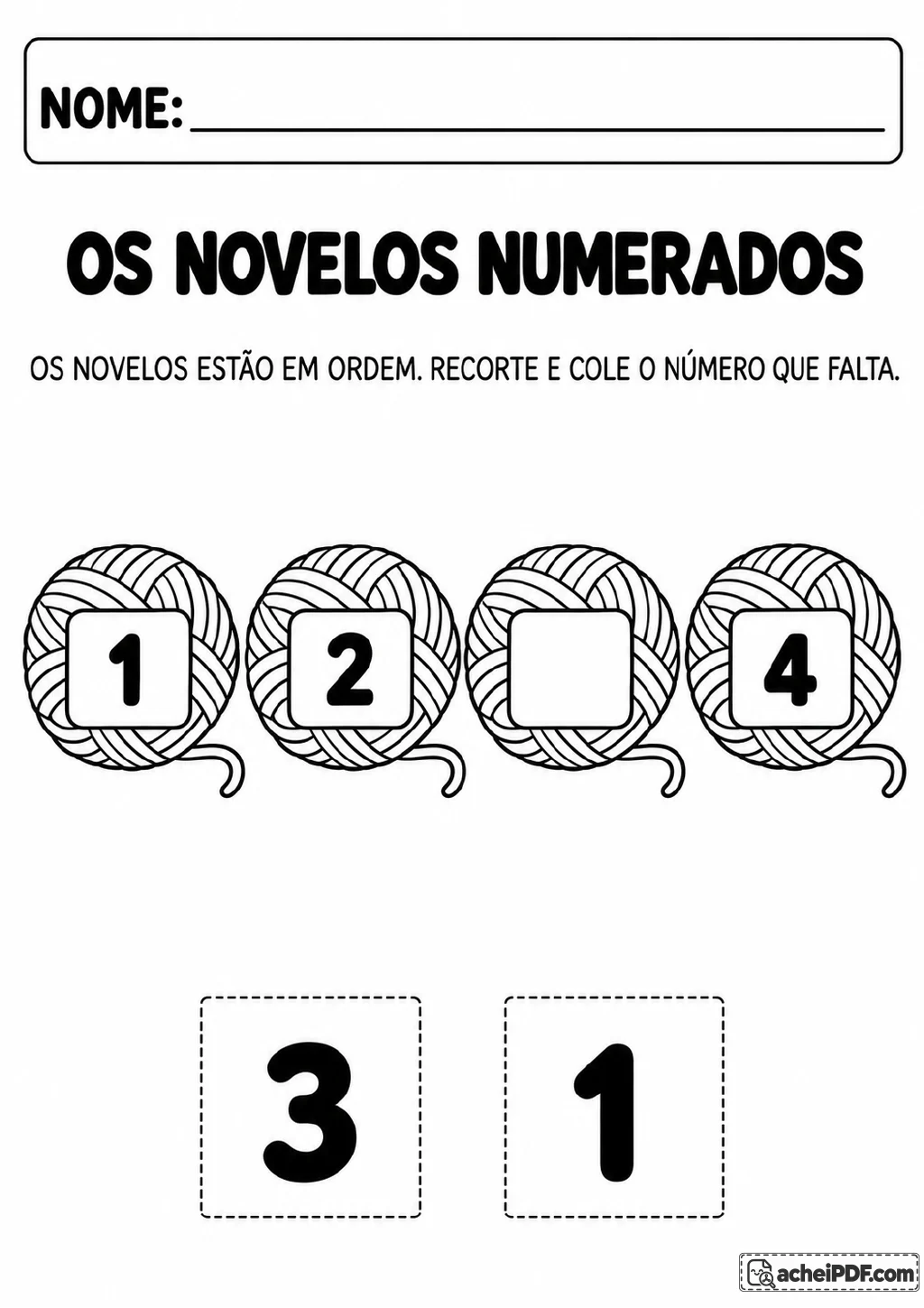 Quatro novelos com os numerais 1, 2, espaço vazio e 4, além de dois cartões tracejados com os números 3 e 1.