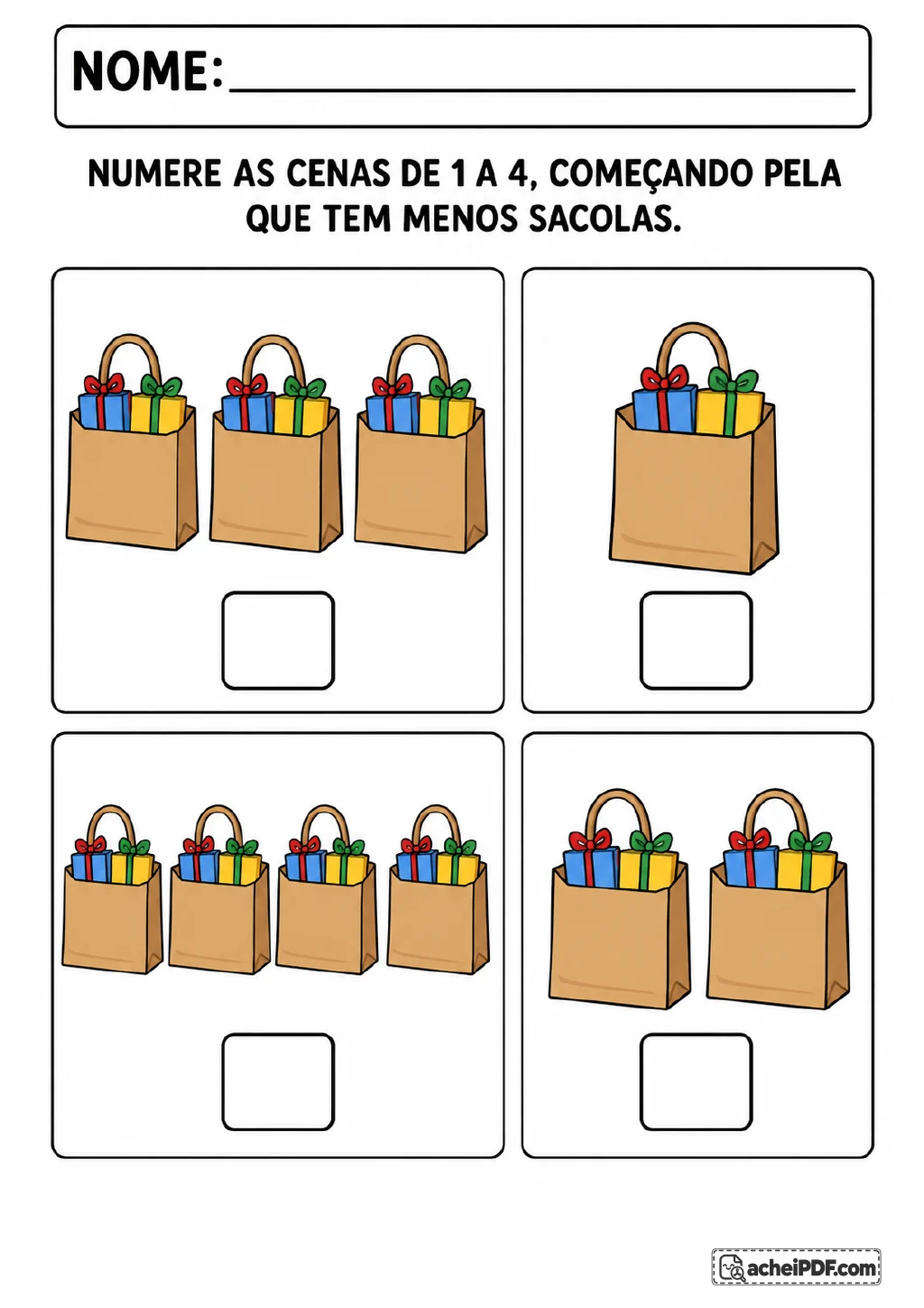 Quatro cenas com três, uma, quatro e duas sacolas de presentes; cada sacola contém dois presentes coloridos.