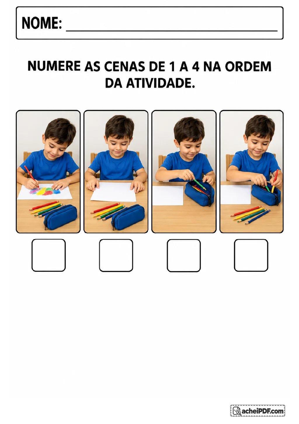 Quatro fotografias de um menino com camiseta azul, lápis coloridos, uma folha de papel e um estojo azul.