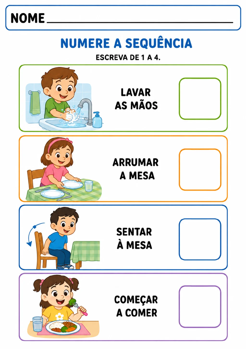 Quatro cenas da rotina de refeição, com quadrados para numerar de 1 a 4: lavar as mãos, arrumar a mesa.